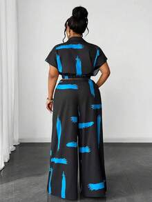 Maweii Bộ quần ống rộng hai mảnh cổ bẻ tay raglan in họa tiết màu tương phản thanh lịch dành cho nữ cỡ lớn, thời trang cho tiệc tùng và tụ tập - Nhiều màu - Xem 3