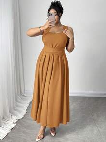 Modelyn Đầm maxi cỡ lớn dệt kim, chất liệu có họa tiết, thắt eo chéo, dáng xòe, thích hợp cho kỳ nghỉ xuân/hè. - màu nâu - Xem 4