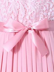 SHEIN Đầm ngắn tay xếp ly phối ren màu sắc dành cho bé gái tuổi teen, kiểu dáng thanh lịch. - Hồng - Xem 6