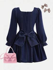 SHEIN Bộ áo liền quần denim màu xanh đậm dành cho bé gái, trang trí nơ 3D. - Rửa tối - Xem 2