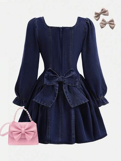 SHEIN 女童3D蝴蝶结装饰深蓝色牛仔连体衣