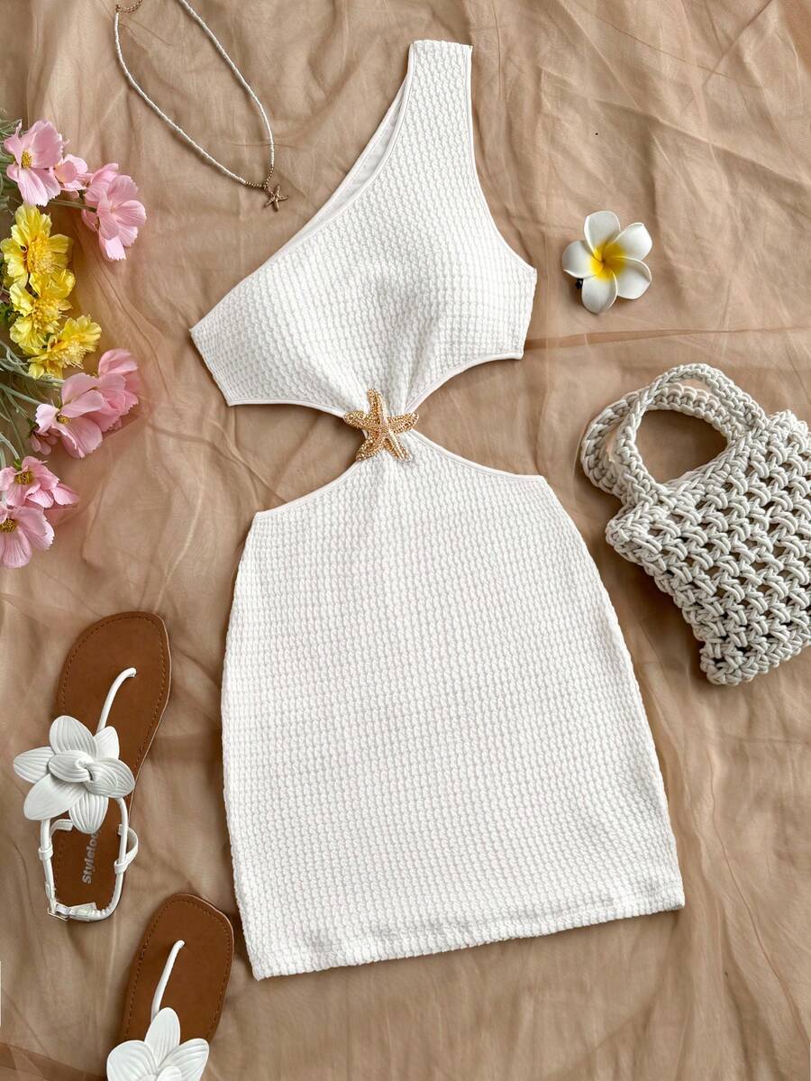 Soleia Đầm ngắn nữ màu mơ, chất liệu vải dệt họa tiết, lệch vai, khoét eo, trang trí khóa kim loại, thích hợp cho đi nghỉ mát, đi biển, dự tiệc, hẹn hò, dạo phố lãng mạn, trang phục mùa hè, kỳ nghỉ biển. - trắng - Xem 1