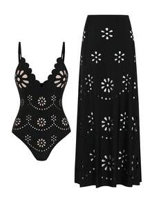 Swim Oasis 2-częściowy damski komplet plażowy w stylu boho, nowy modny kostium kąpielowy bikini, seksowny styl kurortu plażowego, seksowny jednoczęściowy kostium kąpielowy z wycinanym laserowo dekoltem i spódniczką, wyszczuplający i elegancki komplet kąpielowy - Czarne - Zobacz 1