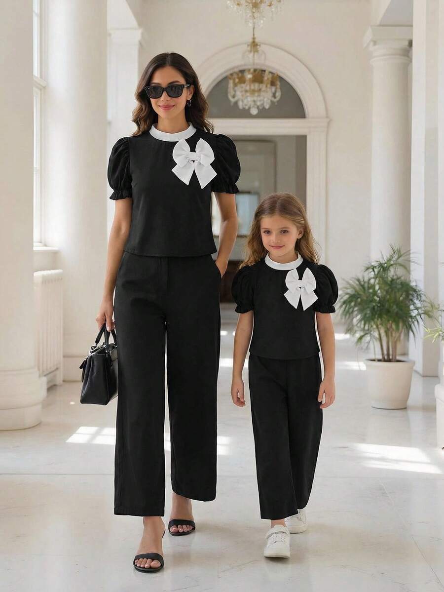 SHEIN Elladie kids 女童立领蝴蝶结装饰泡泡袖衬衫上衣搭配阔腿裤，休闲日常穿搭 - 黑與白 - 查看 1