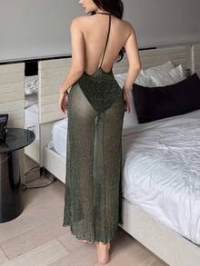 DAZY 女款透視銀色金屬感混紡網紗深V露背性感睡裙內衣睡衣 - 軍綠色 - 查看 2
