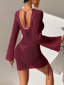 Glyssa Women's Solid Color Round Neck Sheer Drawstring Long Sleeve Dress Cover-Up - Red - View 2