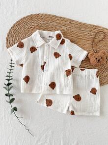 SHEIN Bộ 2 áo liền quần ngắn tay cổ tròn cho bé trai sơ sinh, họa tiết tre, sọc trơn, thêu hình gấu dễ thương, kiểu dáng retro, cài khuy, thích hợp cho các hoạt động ngoài trời hoặc công viên mùa hè. - trắng - Xem 3
