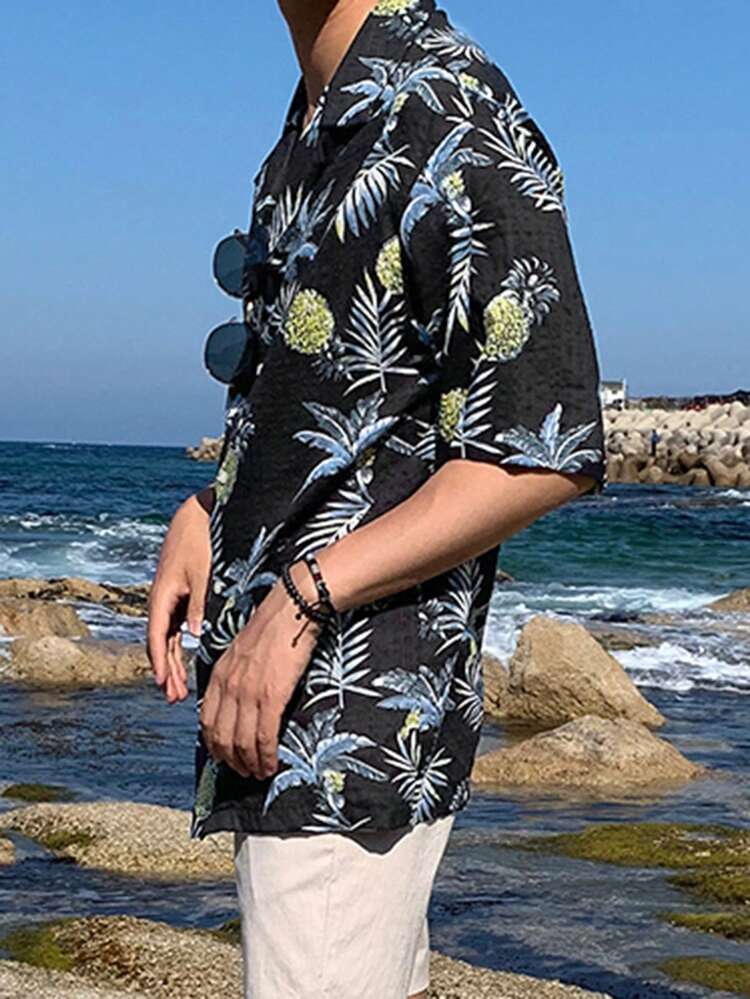 Men's Floral Print Short Sleeve Vacation Shirt, Summer
