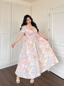 Vibekara Elegant Vintage French Vibrant Colorful Dopamine Oil Painting Print Puff Sleeve Off-The-Shoulder Convertible Neck Cinched Waist A-Line Maxi Sundress For Vacation - Multicolor - View 3