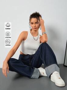 EURMUSE 100% Cotton Women's Casual Wide Leg Jeans - Dark Wash - View 1