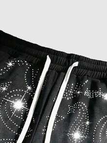 ROMWE MEN Street Life Men's Rhinestone Embellished Casual Shorts, Suitable For Spring/Summer - Black - View 5