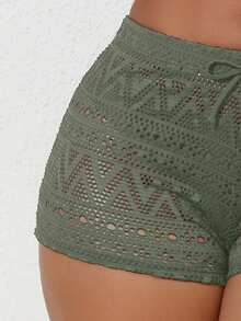 Swim SXY 女款素色鏤空罩衫短褲 - 軍綠色 - 查看 6