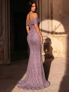 Glamrae 优雅奢华的珍珠串珠亮片刺绣露肩鱼尾礼服，适合婚礼、派对、度假、晚宴、正式场合（装饰繁复） - 藕粉色 - 查看 4