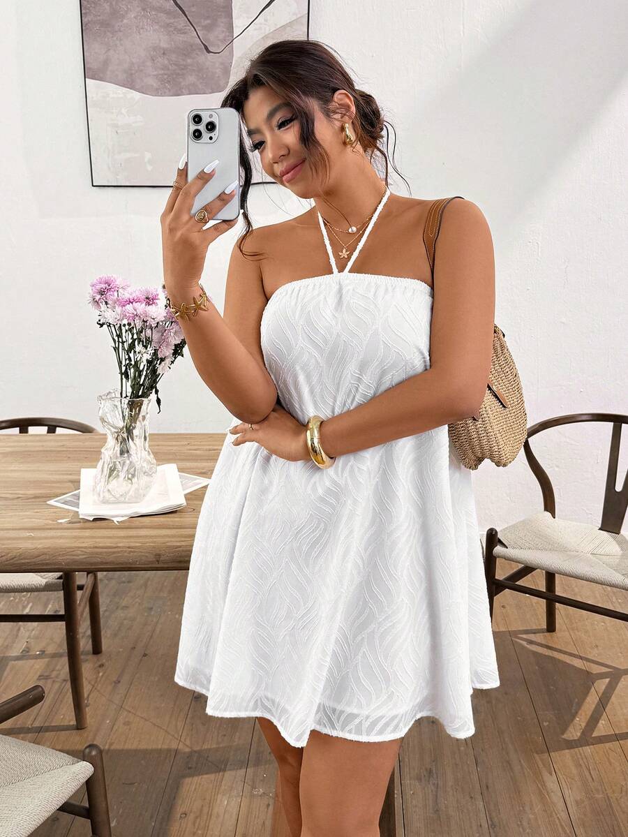 Lounesse Đầm cổ yếm dáng suông trơn màu dành cho nữ cỡ lớn, chất liệu có họa tiết, kiểu dáng thường ngày. - Màu be - Xem 1