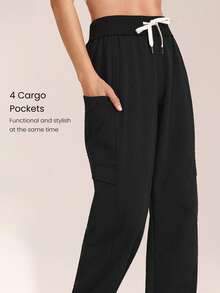 GLOWMODE 日常穿着，轻盈保暖，抓绒面料，可调节撞色抽绳腰带，带口袋，工装慢跑裤，日常休闲街头风。 - 黑色 - 查看 4