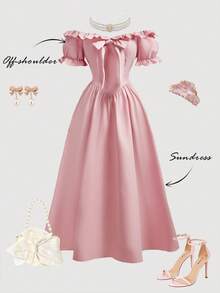 SHEIN MOD Đầm midi nữ thanh lịch, tối giản, màu trơn, xếp ly, trễ vai, eo thon, tay phồng, thích hợp cho mùa hè. - Hồng - Xem 4