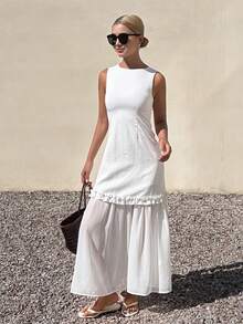 DAZY Women's Sleeveless Frill Trim Dress With Mesh Patchwork Sundress Summer - Ivory White - View 5