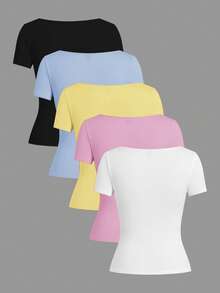 SHEIN EZwear Bộ 3 áo thun dệt kim nữ, nhiều màu, mùa xuân/hè. - Nhiều màu - Xem 2