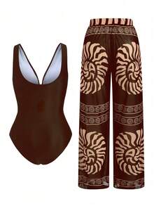 Swim Oasis 新款加大码女士性感V领连体网纱泳衣套装，含修身裤，两件套 - 咖啡棕 - 查看 3