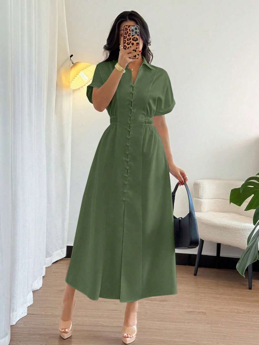 Rafferiza Đầm sơ mi nữ kiểu dáng thường ngày, cài cúc phía trước, tay raglan và thiết kế thắt eo. - xanh quân đội - Xem 1