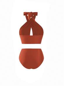 Swim Oasis 大尺碼女款焦橙色比基尼套裝，交叉掛脖鏤空上衣搭配高腰下褲與圖案網紗長裙，夏季海灘度假 - 彩色 - 查看 5