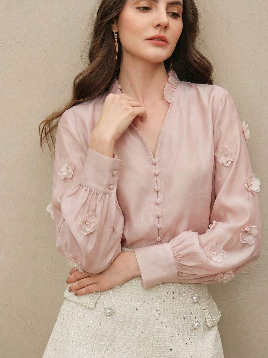 Anewsta 优雅粉色3D立体花卉V领系带女式衬衫 - 粉色 - 查看 1