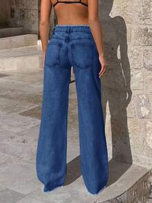 EURMUSE 100%Cotton Rigid, Belt Detailed Wideleg Fit - Blue - View 2