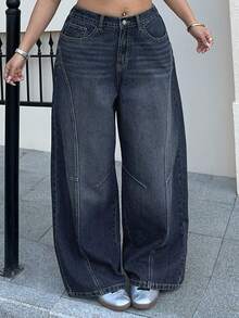Dazy Plus Quần jeans ống loe rách dành cho nữ cỡ lớn, quần denim dáng rộng màu xanh đậm bạc màu theo phong cách vintage với chi tiết đường may, phong cách đường phố. - Rửa tối - Xem 4