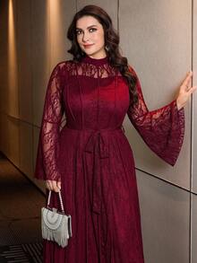 Modelyn Elegant Solid Color Lace Long Sleeve Cinched Waist A-Line Plus Size Dress, Suitable For Spring And Summer Fall - Burgundy - View 7