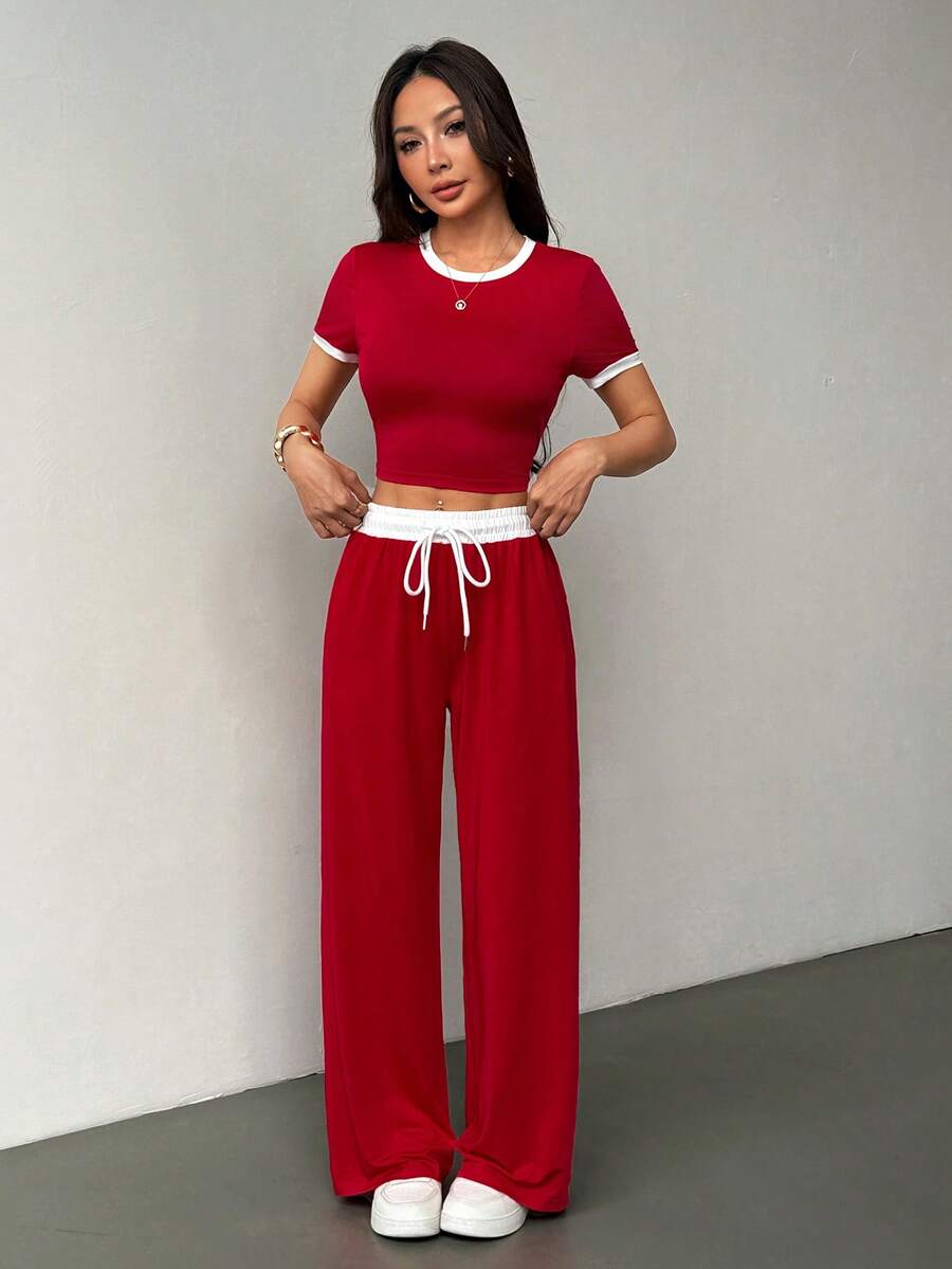 SHEIN PETITE 两件套女士撞色短款紧身圆领短袖T恤和抽绳腰直筒休闲裤套装
