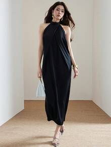 Heiryn Đầm không tay có túi, trang trí thắt nút thanh lịch dành cho nữ, màu trơn đơn giản, thích hợp cho mùa hè. - màu đen - Xem 2