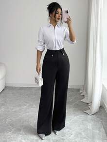 Modelyn Women's Casual Office Golf Commute Solid Color Rhinestone Decor Foldover Waist Flare Pants Pastal Autumn - Black - View 5