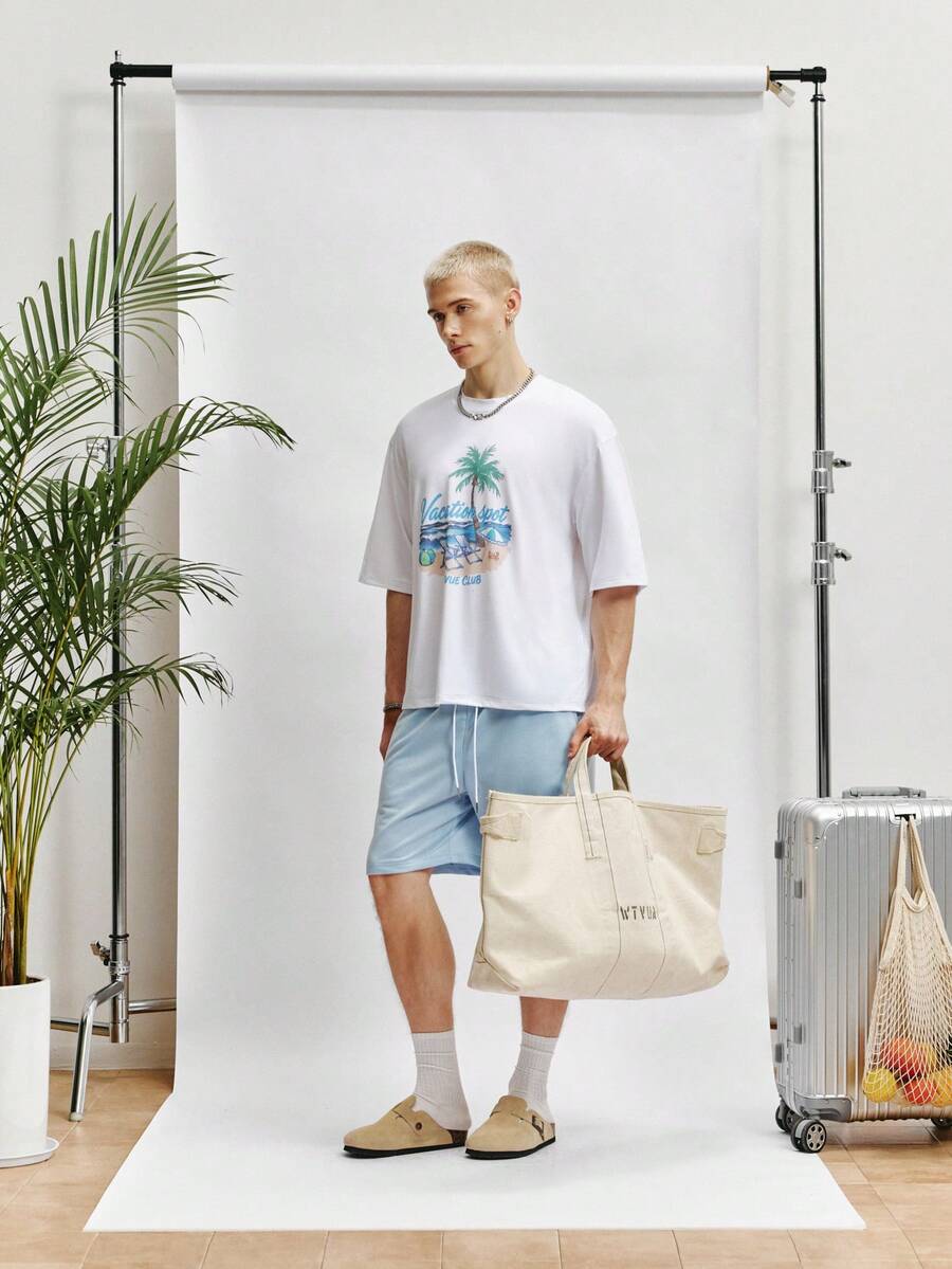 Manfinity Hypemode Men's Summer Vacation 2-Piece Set,White Round Neck Short Sleeve T-Shirt & Drawstring Shorts,Palm Tree Print Knit Holiday Outfit,Alt Cityboy - Multicolor - View 1