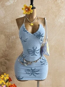 Soleia 女士性感沙滩度假纹理面料亮片露背系带迷你连衣裙，夏季 - 藍色 - 查看 9