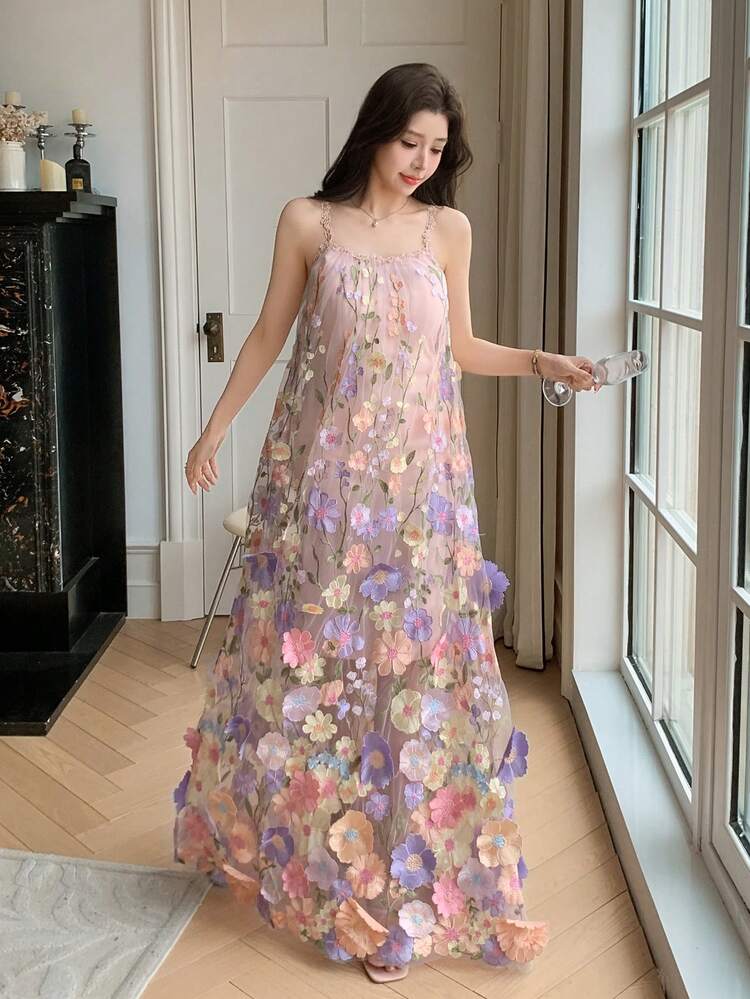 Women's Summer 3D Floral Decor Mesh Dress, Elegant Vacation Style Sundress