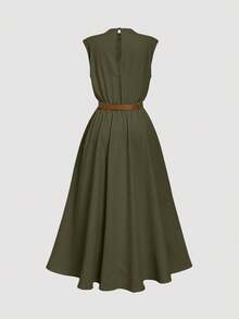 SHEIN PETITE CURVE 大码女式纯色立领褶皱优雅连衣裙 - 軍綠色 - 查看 3