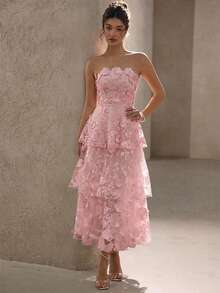 BELROSIE Solid Color Luxurious High-End Party Floral Strapless Dress, Suitable For Spring And Summer - Pink - View 6