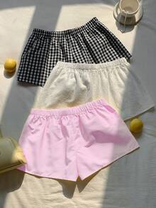 Comfortcana 3件套女士休闲纯色+格子印花+条纹印花系带短裤套装 - 彩色 - 查看 2