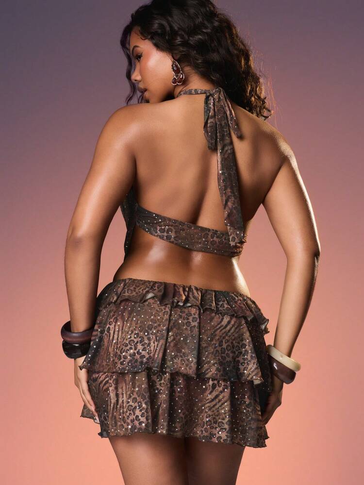 MISSGUIDED Sparkly Leopard Print Halter Neck Mini Dress With Cowl Neckline And Tiered Ruffle Skirt For Party Evening Occasions