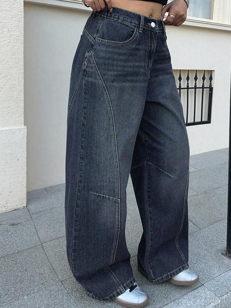 Dazy Plus Plus Size Women Distressed Barrel Leg Jeans, Vintage Washed Faded Dark Blue Loose Fit Denim Pants With Seam Detail, Streetwear Style - Dark Wash - View 10