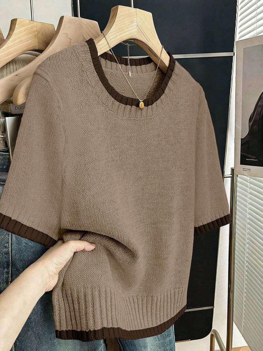 Franclia Áo thun nữ dáng suông rộng, thoải mái, mềm mại, cổ tròn, tay ngắn, phối màu tương phản, thích hợp mặc hàng ngày đi làm, cỡ lớn, mùa xuân/hè. - Màu Khaki - Xem 1