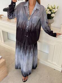 DAZY Spring & Summer Loose Business Casual Vacation Street Fashion Office Tie-Dye Tie Dye Design Long Sleeve Shirt & Skirt 2-Piece Set For Women - Blue - View 4