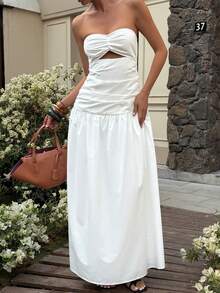 Livesso Vestido camisero blanco calado de primavera y verano, con silueta ajustada y sexy, adecuado para festivales de música, San Valentín, boda, vacaciones de playa casual, vestido midi bandeau de estilo boho para mujer - Blanco - Ver 5