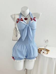 Flirla Bộ áo liền quần cổ yếm buộc dây phía trước, phối ren hoa kẻ caro, trang trí nơ dễ thương. - Màu xanh lam - Xem 3