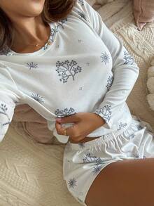 DAZY Women's Knit Pattern Allover Print Pajama Set, Spring/Summer - White - View 1