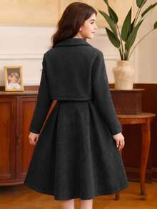 SHEIN 2pcs Tween Girls Casual Elegant French Style Short Jacket And Dress Set, Spring/Autumn - Dark Grey - View 2