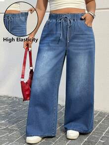 Muchica Plus Size Women's Fashion Washed Straight Pocket Jeans Date, Commute, Party,Fall /Autumn/Winter/Summer,Christmas,New Year,Thanksgiving,Party,Wedding,Beach,Graduati,Chic,Elegant,Casual,Going Out,Date,Appointment,Commute,Shining,Valentine's Day,Elegant ,Vacation,Casual,Y2k,Sexy - Blue - View 3