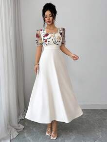Modelyn Đầm dài thanh lịch dành cho nữ, cổ vuông, tay ngắn, phối lưới, eo. - Màu be - Xem 2