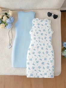 Vintaside Kids 2pcs Girls Butterfly Pattern Colorblock Ribbed Bodycon Sleeveless Casual Street Chic Dress, Summer - Blue and White - View 3