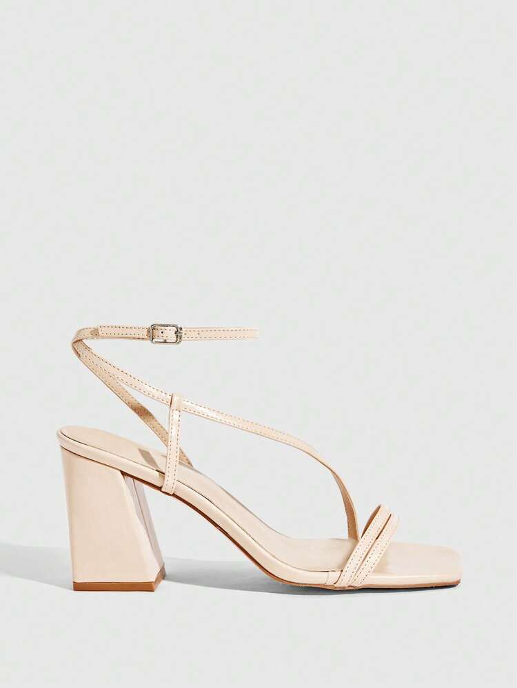 CUCCOO SZL Women Shoes Apricot Oily Leather Thin Strip Strap Ankle Strap Fashion Basic Commuter Square Toe Thick Sandals Prom Heels